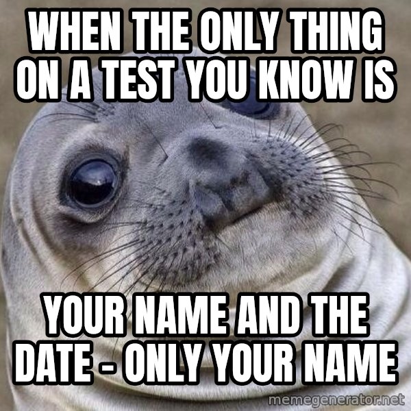 Awkward Seal meme: When the only thing On a test you know is / Your name and the date - only your name