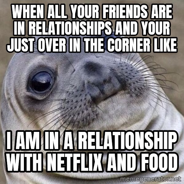 Awkward Seal meme: When all your friends are in relationships and your just over in the corner like / I am in a relationship with NetfLix and food