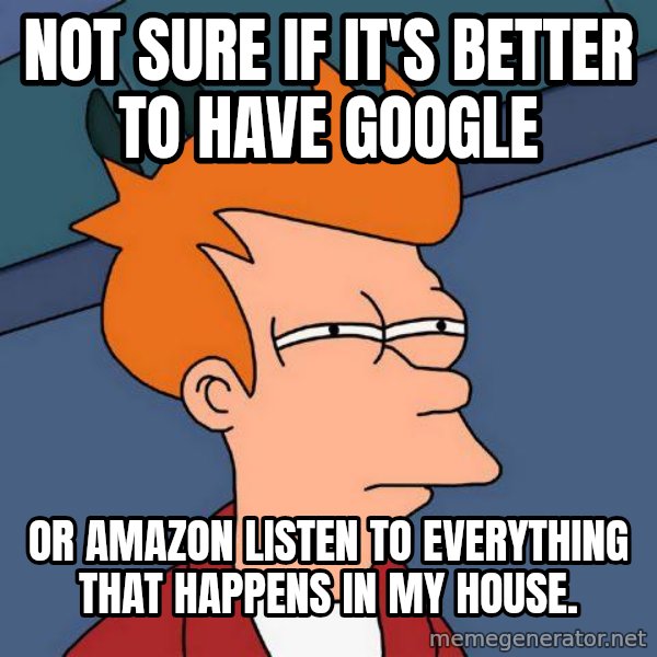Futurama Fry meme: not sure if it's better to have google / or amazon listen to everything that happens in my house.