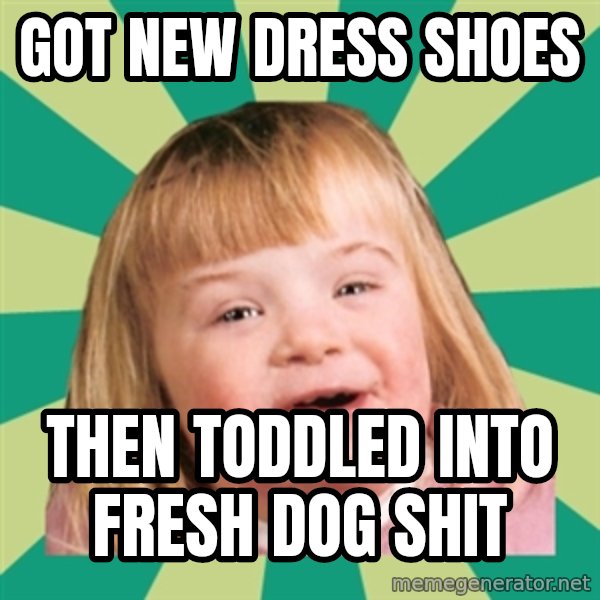 Retard girl meme: Got new dress shoes / Then toddled into fresh dog shit