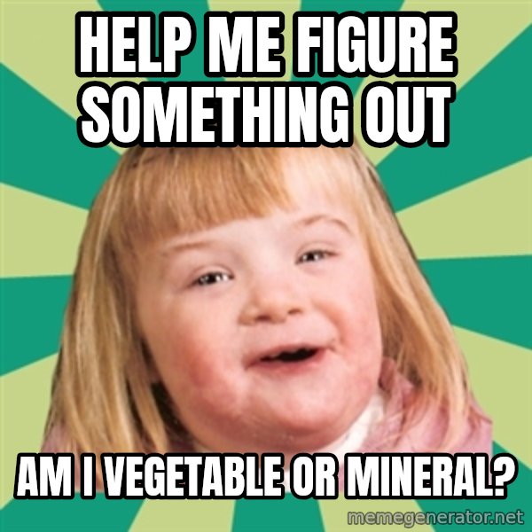 Retard girl meme: Help me figure something out / Am i vegetable or mineral?