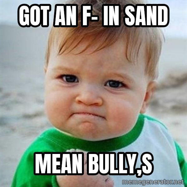 Victory Baby meme: got an F- in sand / mean bully,s