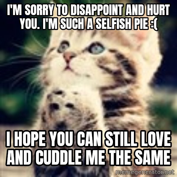 Praying Kitten meme: I'm sorry to disappoint and hurt you. I'm such a selfish pie :( / I hope you can still love and cuddle me the same