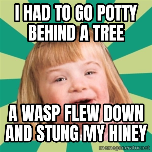 Retard girl meme: I had to go potty behind a treE / a wasp flew down and stung my hiney