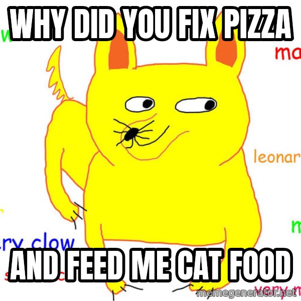 Grumpy Cat  meme: why did you fix pizza / And feed me cat food