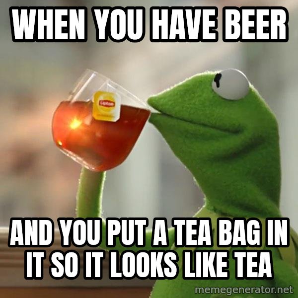 Kermit The Frog Drinking Tea meme: when you have beer / and you put a tea bag in it so it looks like tea