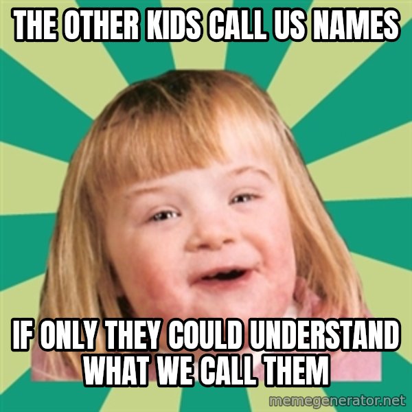 Retard girl meme: The other kids call us names / If only they could understand what we call them