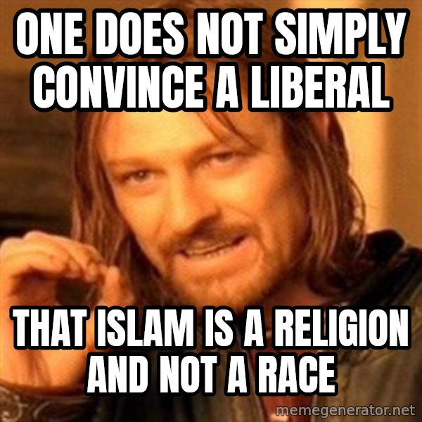 One Does Not Simply meme: one does not simply convince a liberal / that Islam is a religion and not a race