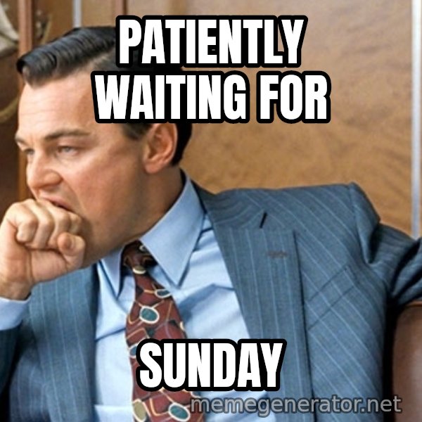 Leonardo Dicaprio biting fist meme: Patiently waiting for / Sunday