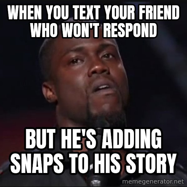 Kevin Hart Face meme: When you text your friend who won't respond / but he's adding snaps to his story