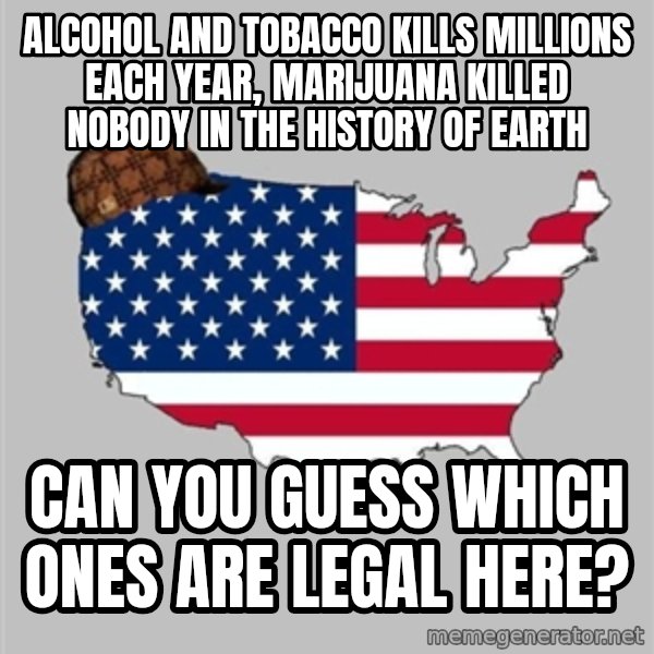 Scumbag America2 meme: Alcohol and tobacco kills millions each year, marijuana killed nobody in the history of earth / can you guess which ones are legal here?