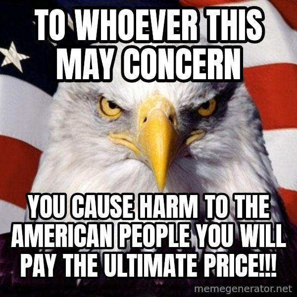 American Pride Eagle meme: To whoever this may concern / You cause harm to the American people you will pay the ultimate price!!!