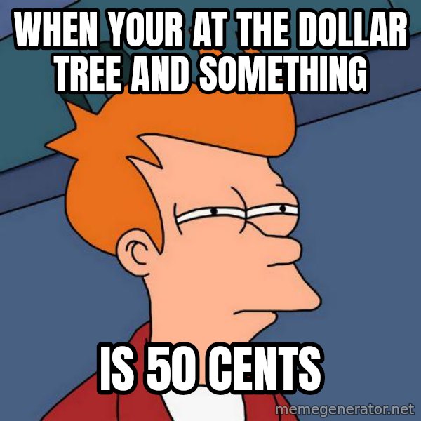 Futurama Fry meme: WHEN YOUR AT THE DOLLAR TREE AND SOMETHING / IS 50 CENTS