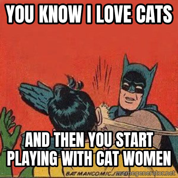 batman slap robin meme: You know I love cats / And then you start playing with cat women