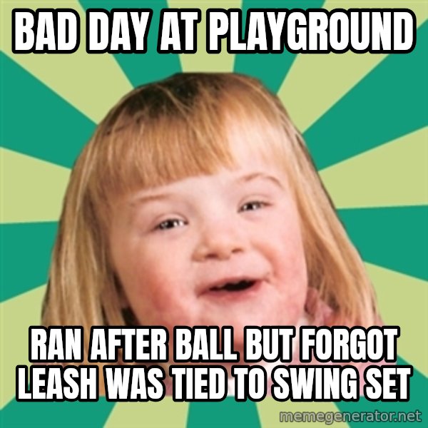 Retard girl meme: Bad day at playground / Ran after ball but forgot leash was tied to swing set