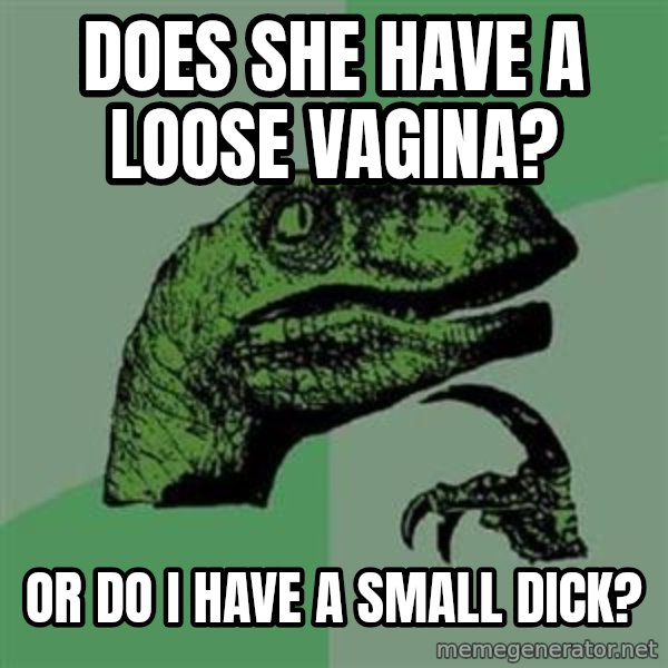 Philosoraptor meme: Does she have a loose vagina? / Or do I have a small dick?