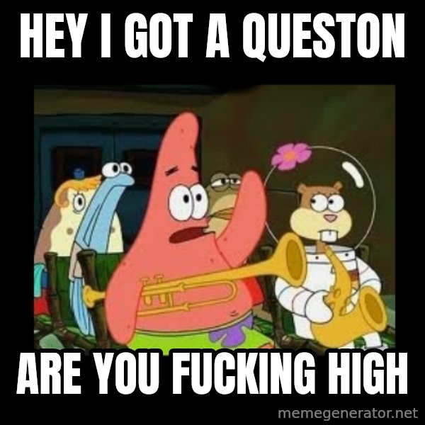 Patrick Star Instrument meme: Hey i got a queston / ARE YOU FUCKING HIGH
