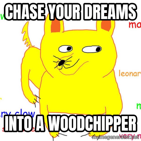 Grumpy Cat  meme: CHASE YOUR DREAMS / INTO A WOODCHIPPER