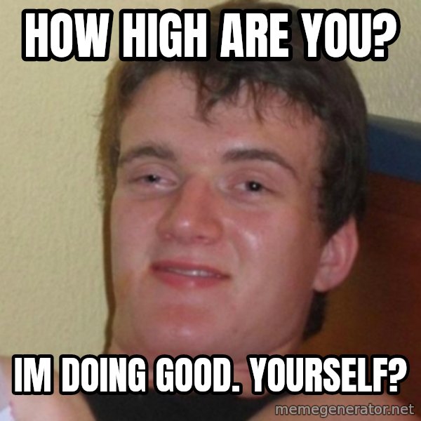 Really Stoned Guy meme: How high are you? / Im doing good. yourself?