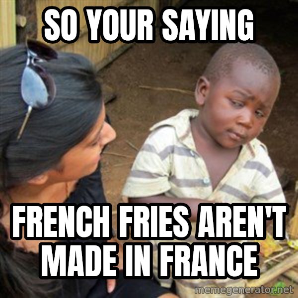Skeptical 3rd World Kid meme: So your saying / French fries aren't made in france