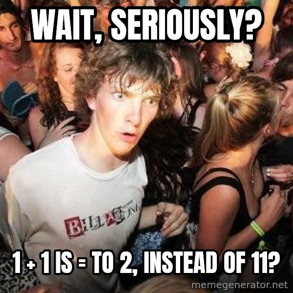 Sudden Realization Ralph meme: Wait, seriously? / 1 + 1   is  =  to 2, instead of 11?