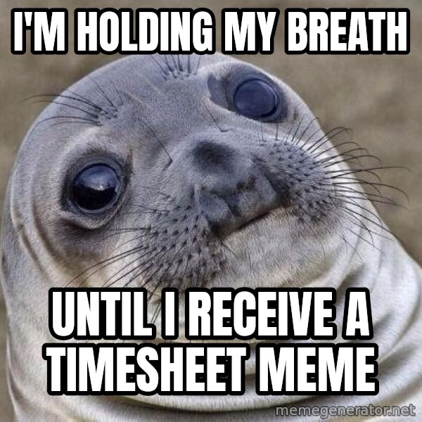 Awkward Seal meme: I'm holding my breath / until I receive a timesheet meme