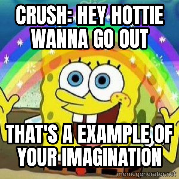 Imagination meme: Crush: Hey hottie wanna go out / that's a example of your imagination