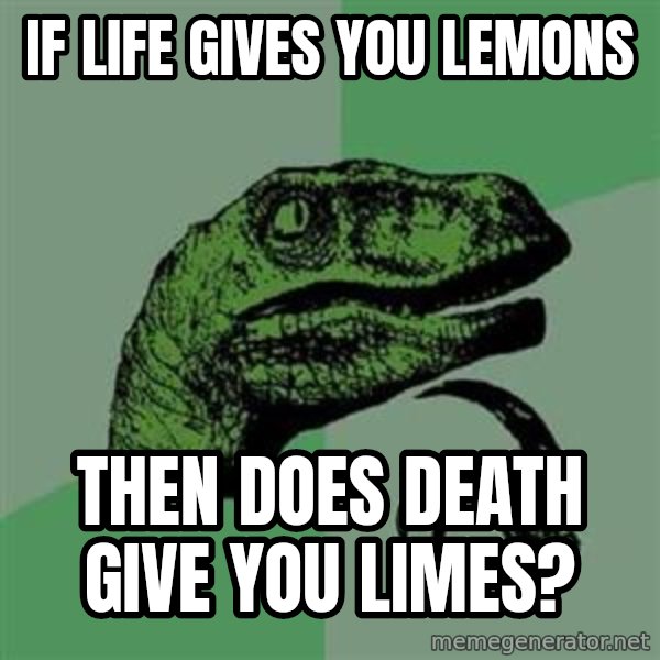 Philosoraptor meme: If life gives you lemons / then does death give you limes?