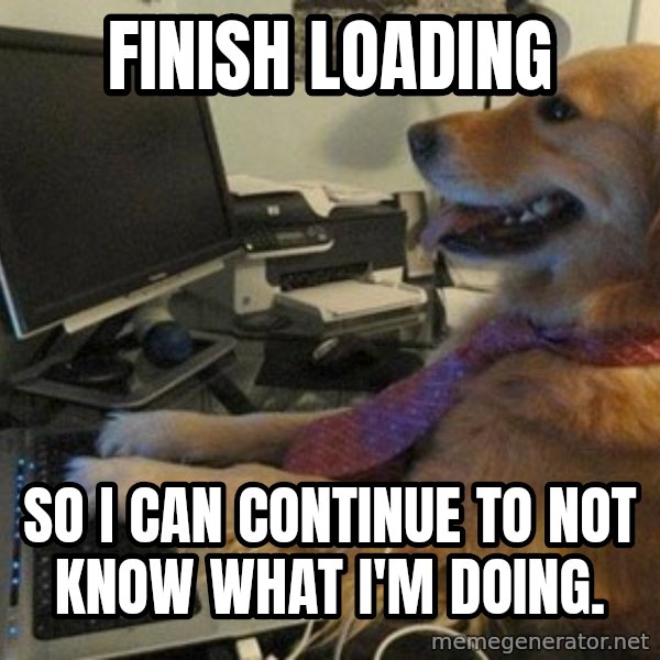 I have no idea what I'm doing - Dog with Tie meme: FINISH LOADING / SO I CAN CONTINUE TO NOT KNOW WHAT I'M DOING.