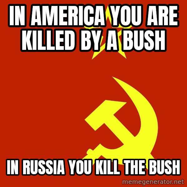 In Soviet Russia meme: in america you are killed by a bush / in russia you kill the bush