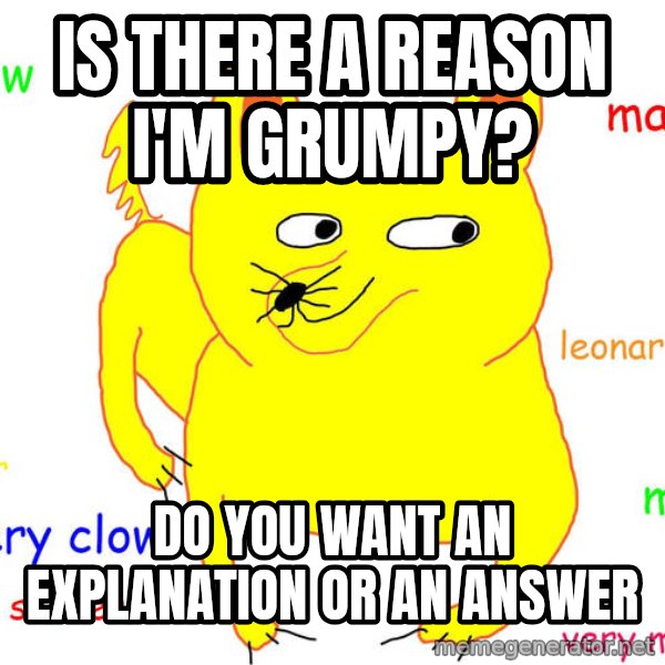 Grumpy Cat  meme: is there a reason i'm grumpy? / do you want an explanation or an answer