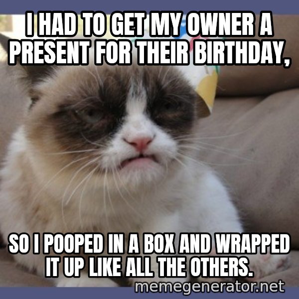Birthday Grumpy Cat meme: I had to get my owner a present for their birthday, / so I pooped in a box and wrapped it up like all the others.