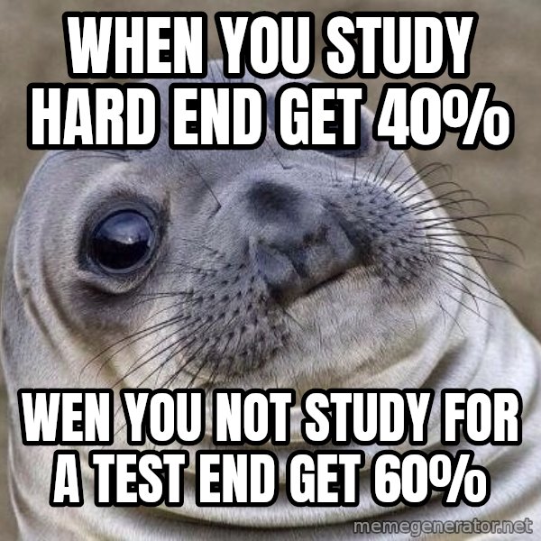 Awkward Seal meme: when you study  hard end get 40% / wen you not study for a test end get 60%