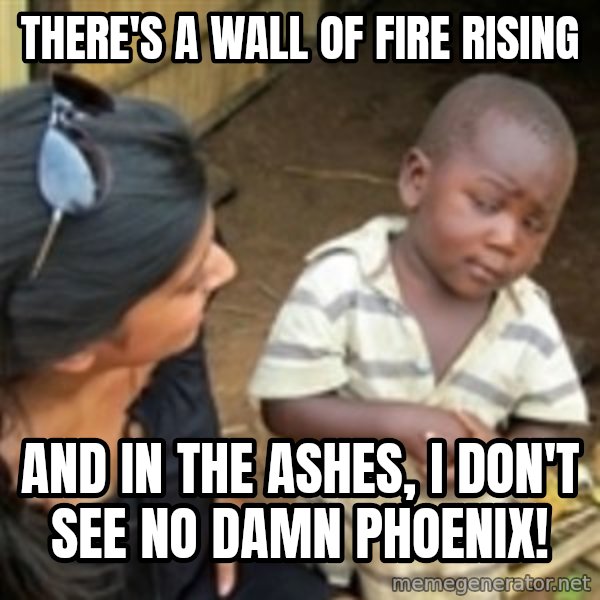Skeptical african kid  meme: There's a Wall of Fire Rising / And in the ashes, I don't see no damn Phoenix!