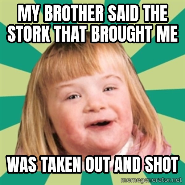 Retard girl meme: My brother said the stork that brought me / Was taken out and shot