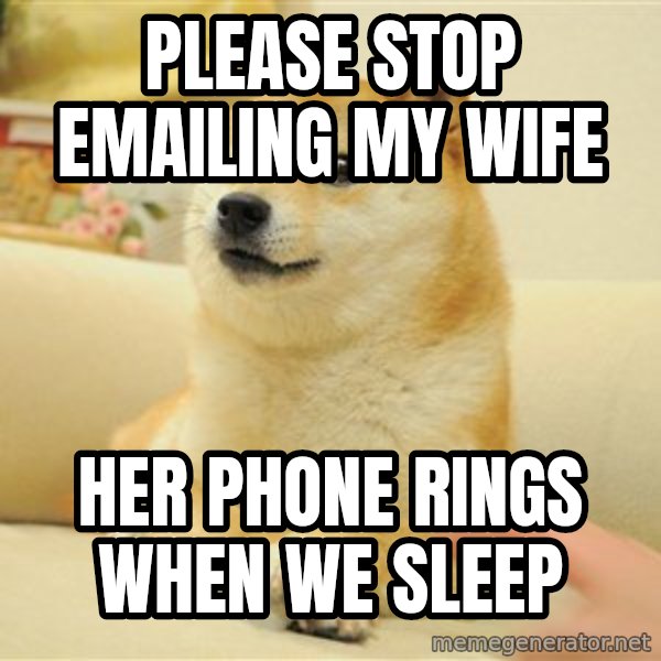 so doge meme: please stop emailing my wife / her phone rings when we sleep