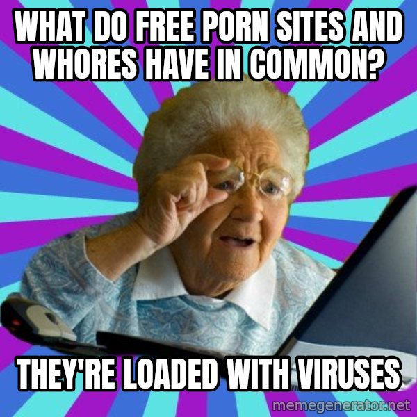 old lady meme: What do free porn sites and whores have in common? / They're loaded with viruses