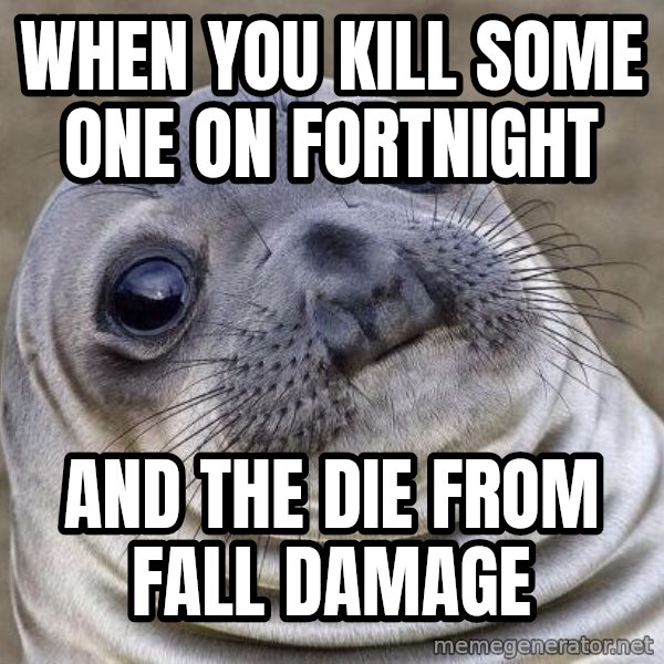 Awkward Seal meme: When you kill some one on fortnight / And the die from fall  damage