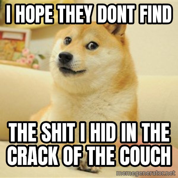 so doge meme: i hope they dont find / the shit i hid in the crack of the couch