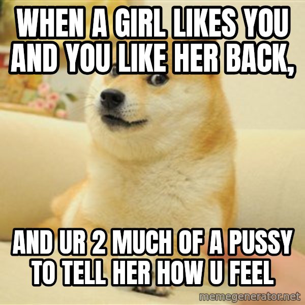 so doge meme: when a girl likes you and you like her back, / and ur 2 much of a pussy to tell her how u feel