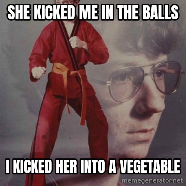 PTSD Karate Kyle meme: She kicked me in the balls / I kicked her into a vegetable