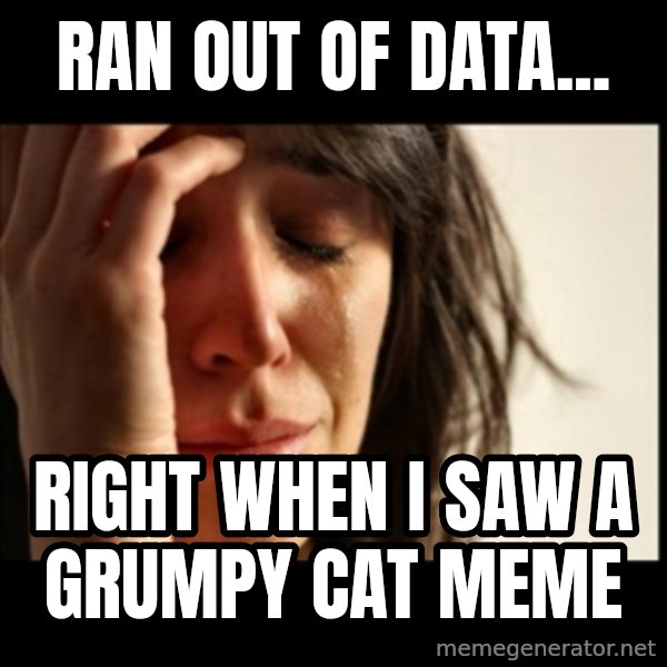 First World Problems meme: RAN OUT OF DATA... / RIGHT WHEN I SaW A GRUMPY CAT MEME