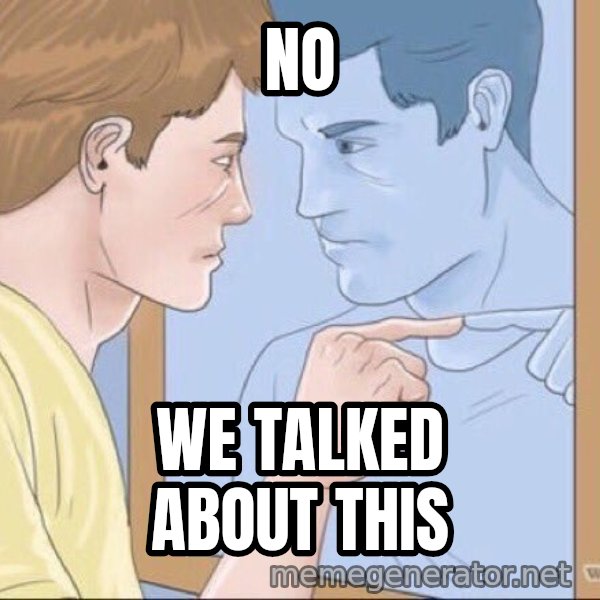 Mirror Pep Talk meme: NO / WE TALKED ABOUT THIS