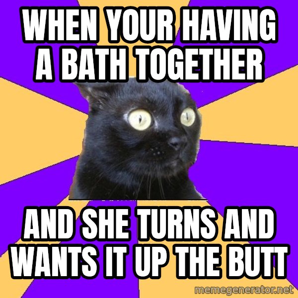 Anxiety Cat meme: when your having a bath together / and she turns and wants it up the butt