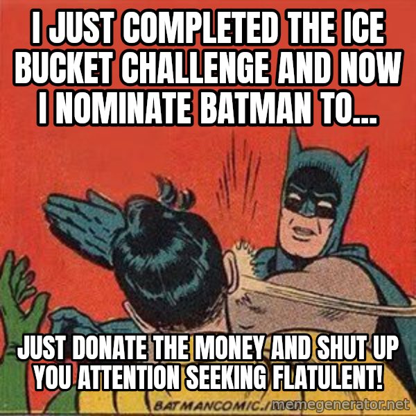 batman slap robin meme: I JUST COMPLETED THE ICE BUCKET CHALLENGE AND NOW I NOMINATE BATMAN TO... / JUST DONATE THE MONEY AND SHUT UP YOU ATTENTION SEEKING FLATULENT!