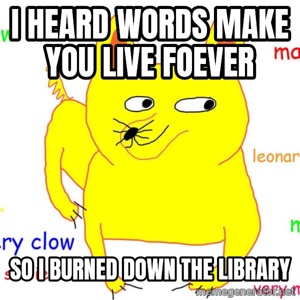 Grumpy Cat  meme: I heard words make you live foever / So I burned down the library
