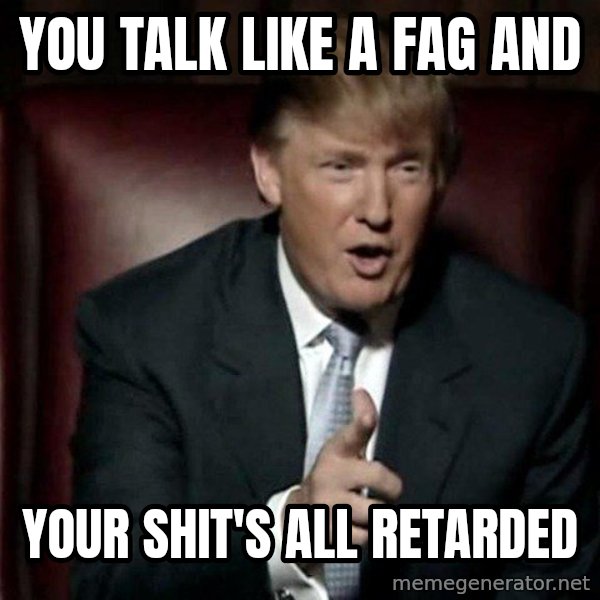 Donald Trump meme: you talk like a fag and / your shit's all retarded