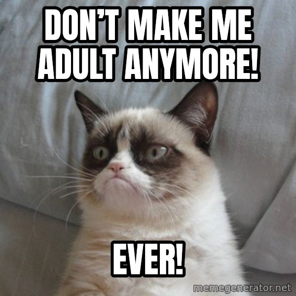 Grumpy cat good meme: Don’t make me adult anymore! / Ever!