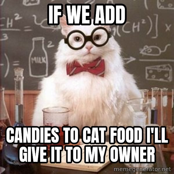 Chemistry Cat meme: If we add / candies to cat food I'll give it to my owner
