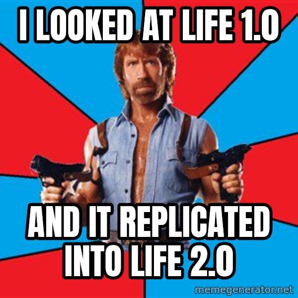 Chuck Norris  meme: I looked at LIFE 1.0 / And it replicated into LIFE 2.0